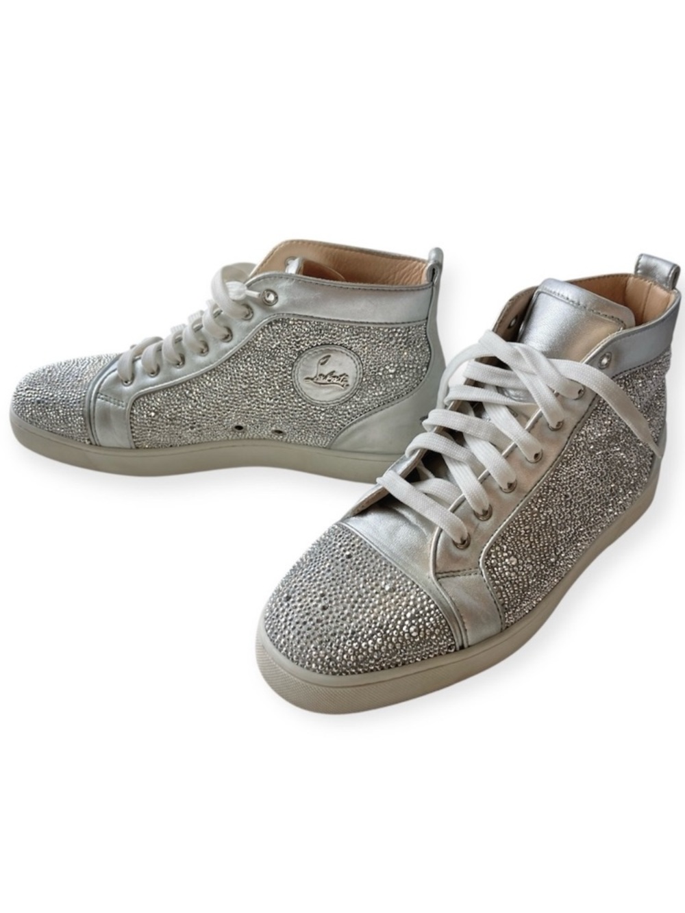 Mens Christian Louboutin Louis High Top Sneakers Silver Metallic Crystal Size 45